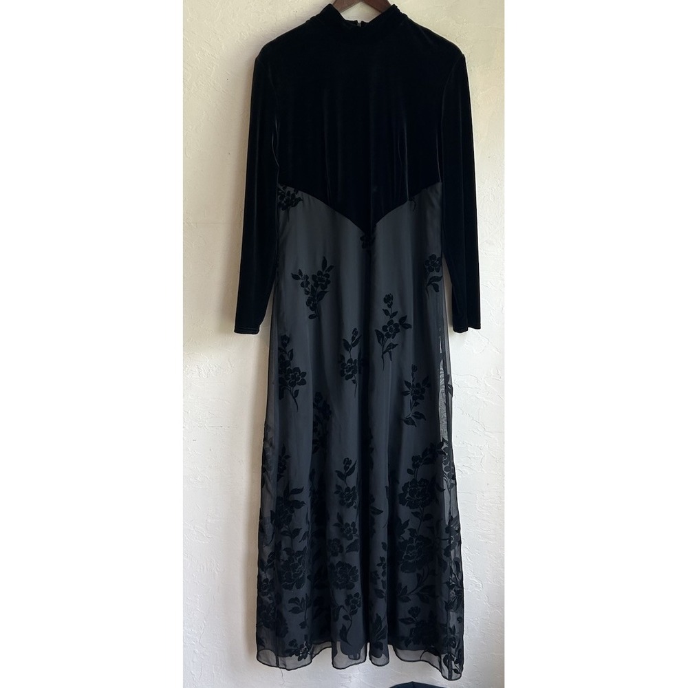 Vintage 90s Y2K Burnout Velvet Maxi Dress Gown 16 Goth Basque Whimsigoth Black